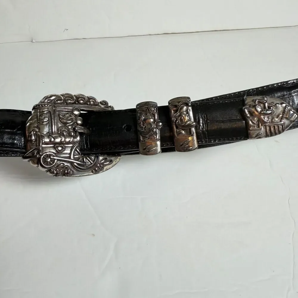 Brighton Disney Mickey Train Conductor Black Leather Belt Silver Tone Size 30